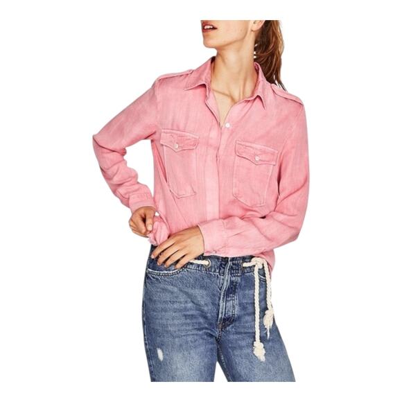 Zara Woman Premium Denim Collection Pink Lyocell Button-Down Shirt Size Medium - Picture 2 of 12
